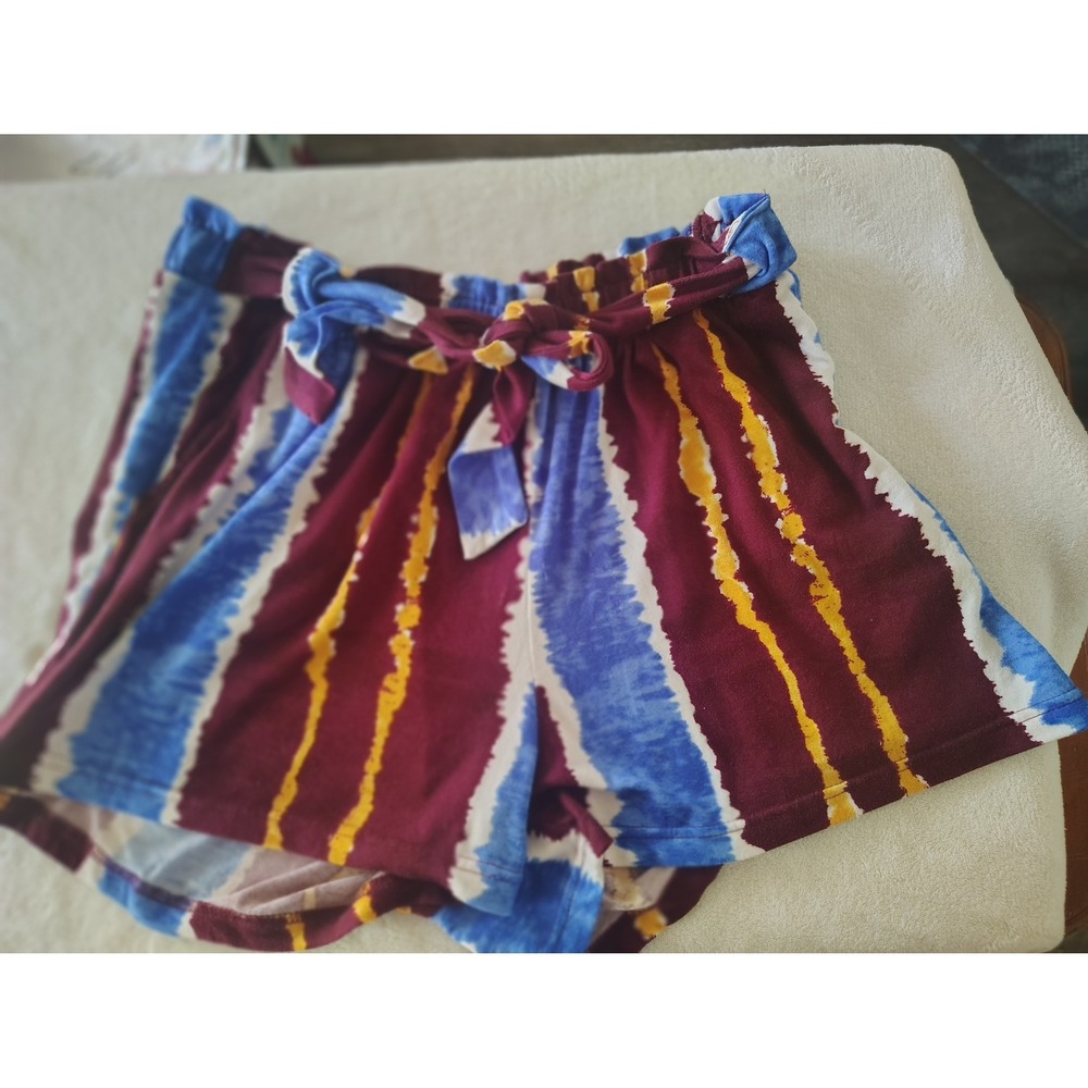 It's Womens Tie Dye Striped Shorts‎ Burgundy Blue Yellow Elastic Waist Belted M